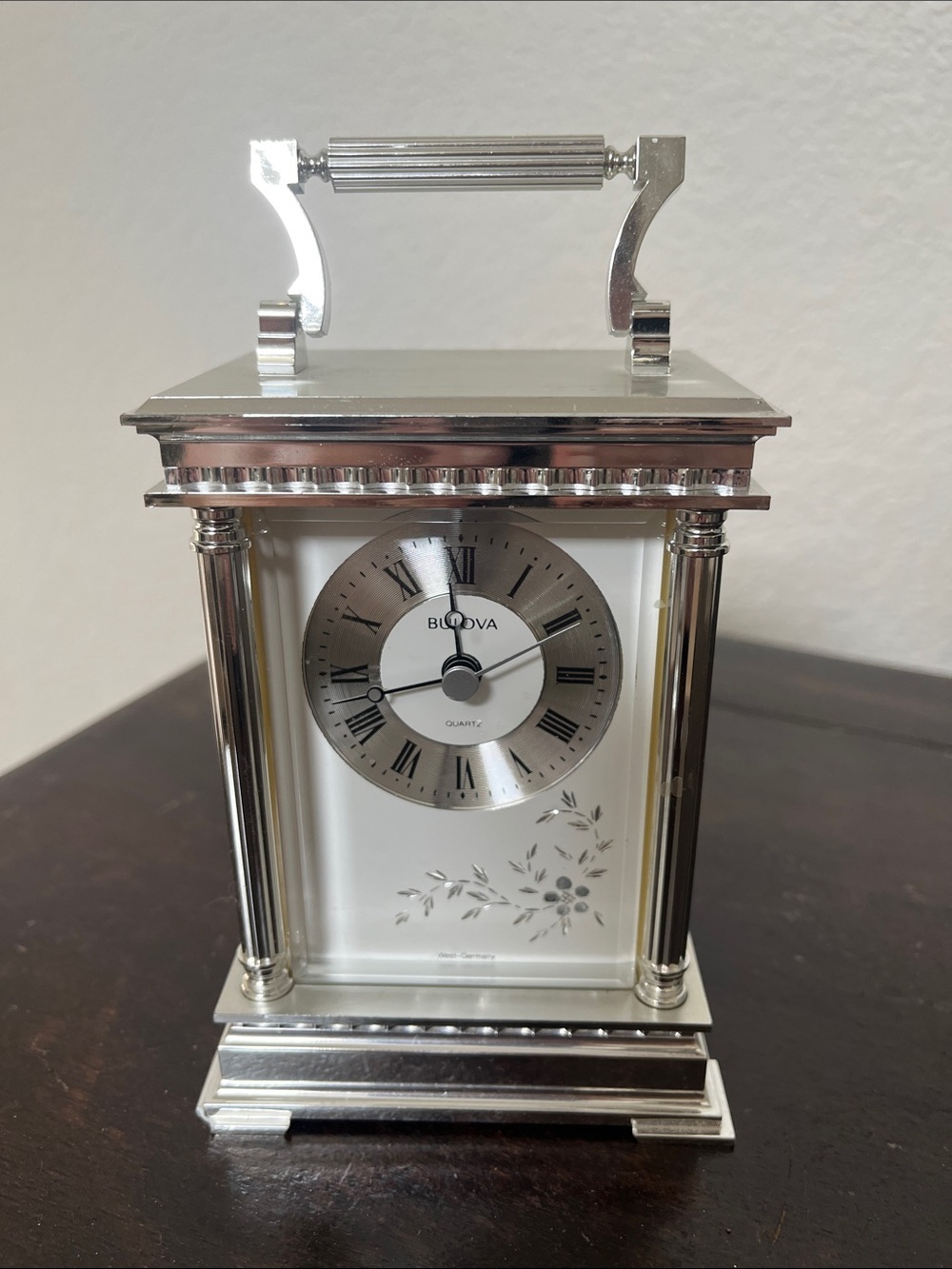 Bulova Silver Rectangular Clock Carriage Desk Mantel Clock West Germany 7"